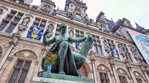 Bronze Statue In Front Of Paris City Hall Stock Footage 325830770