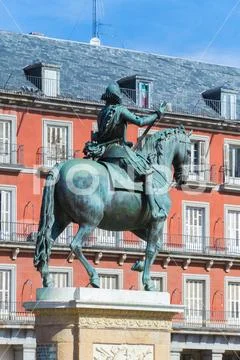 Bronze statue of King Philip III on the Plaza Mayor, Madrid, Spain. It's the Stock Photos