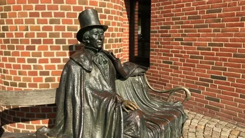 Bronze statue og H C Andersen in city Odense Stock Footage 139871402