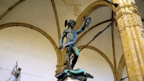 Bronze statue of Perseus in motion with head of Medusa on Piazza della Signoria Stock Footage 161093707