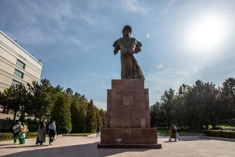 Bronze statue of philosopher Al-Farabi at the university campus Stock Photos