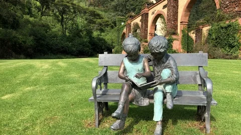 Bronze statue of two kids reading Stock Footage 101857806