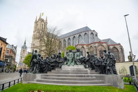 Bronze statue of two Van Eyck brothers - Hubert and Jan. Ghent, Belgium Stock Photos