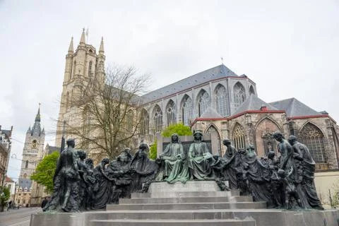 Bronze statue of two Van Eyck brothers - Hubert and Jan. Ghent, Belgium Stock Photos