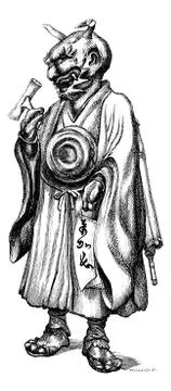 Bronze statuette representing the devil Japanese. Drawing Feart, vintage engr Illustrazione stock