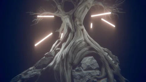 Bronze tree statue in neon tubes Stock Footage 292230146