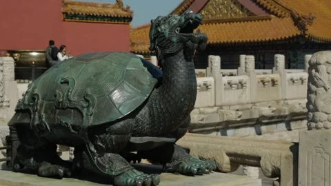 Bronze Turtle-Dragon Statue in Forbidden City Courtyard, Beijing, China Stock Footage 345818601