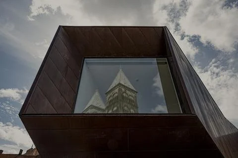 A bronzed box window of the Cathedral Forum in Lund Stock Photos