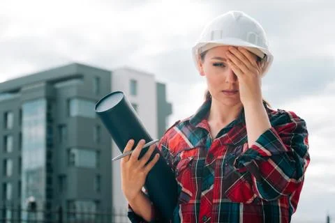 A brooding female builder with drawings of papers in her hands. Stock Photos