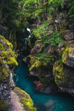 A brook flowing through moss covered boulders. Stock Photos