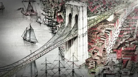 Brooklyn Bridge in 1879: 3 Dynamic Moves in 3D Space, With Dramatic Lighting Stock Footage 203774970