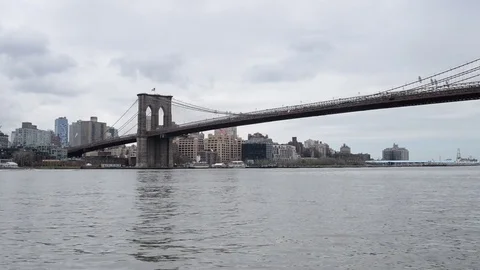 Brooklyn Bridge and Brooklyn DUMBO from Manhattan on an overcast afternoon Stock Footage 79550086