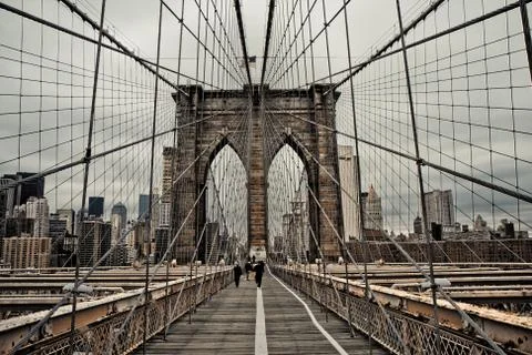Brooklyn bridge and cable pattern in cloudy day, New York city, USA Stock Photos