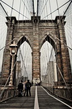 Brooklyn bridge and cable pattern in cloudy day, New York city, USA Stock Photos