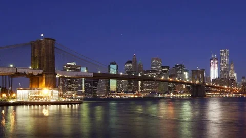 Brooklyn Bridge and Lower Manhattan From Night to Day Video stock 76782153
