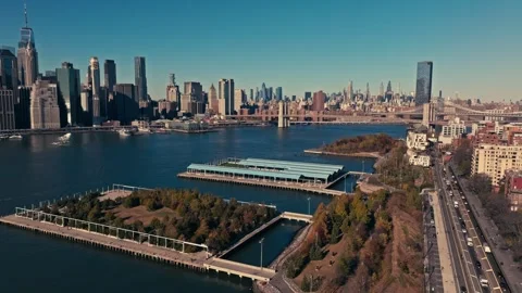 Brooklyn Bridge and Lower Manhattan New York City Skyline Sunny Aerial Drone Stock Footage 294378751