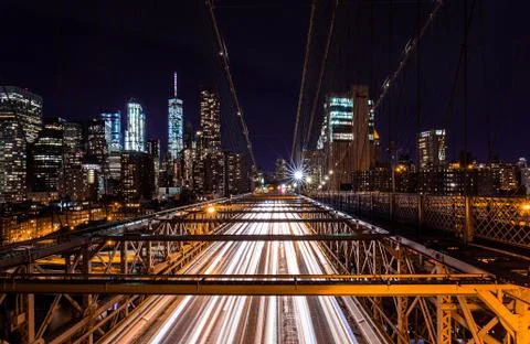 Brooklyn Bridge and Manhattan Skyline at night Stock Photos