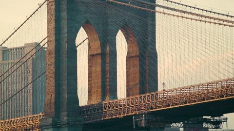 Brooklyn Bridge archway at sunset Stock Footage 79850290