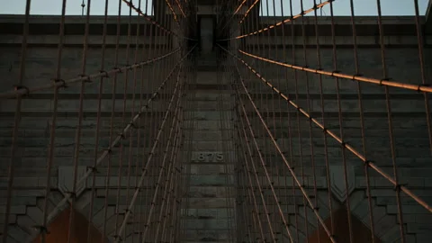 Brooklyn Bridge Cables and Stone Tower Perspective Stock Footage 309863575
