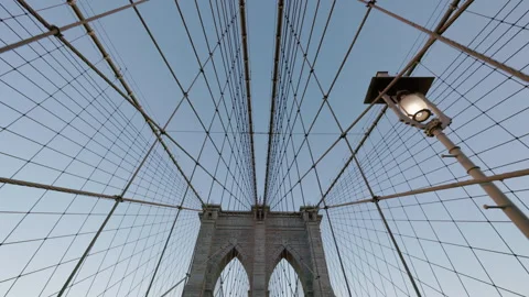 Brooklyn Bridge cables and stone towers view from walkway Stock Footage 332992180