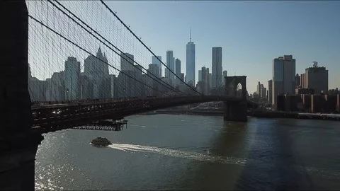 Brooklyn Bridge Close Helicopter Shot New York City Stock Footage 88962424