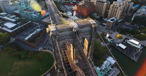 Brooklyn Bridge drone footage at sunrise - 4k - NYC Stock Footage