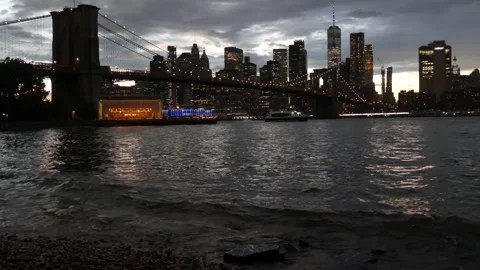 Brooklyn Bridge, Dumbo carousel. New York City Manhattan downtown skyline Stock Footage 307166556