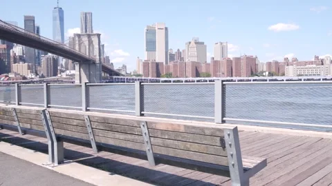 Brooklyn Bridge, Dumbo waterfront. New York City Manhattan downtown skyline Stock Footage 317208526