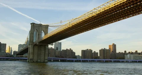 Brooklyn Bridge On Hudson Bridge In The Sun in NYC Financial District Stock Footage 112159072