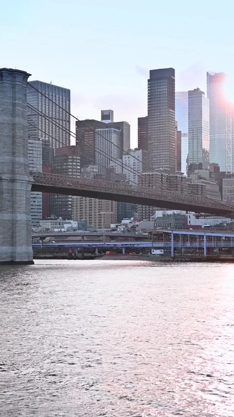 Brooklyn bridge with lower Manhattan cityscape and sun flare in cinematic m.. 库存影片 334837576