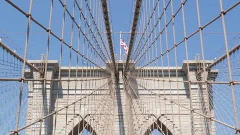 Brooklyn Bridge to Manhattan downtown, cables and blue sky. New York City iconic Stockbeeldmateriaal 284758437