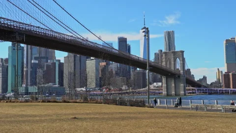 Brooklyn Bridge with Manhattan skyline in background in New York City Stock Footage 234087982