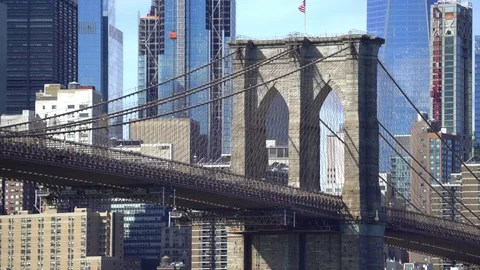 Brooklyn Bridge pillar with Manhattan background - New York city Stock Footage 71068397