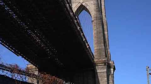 Brooklyn Bridge pillar from underneath, Sightseeing in New York Stock Footage 146999866