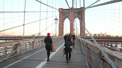 Brooklyn Bridge Side Angle Blurred Pedestrians Stock Footage 10572355