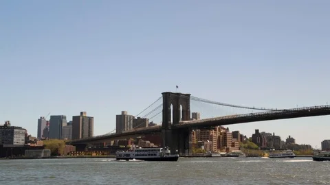 Brooklyn Bridge With Statue Ferry On East River Stock Footage 100415212