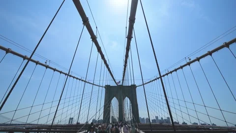 Brooklyn Bridge stone pillars captured from below highlighting structural d.. Stock Footage 326006401