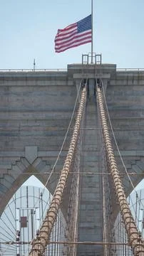 Brooklyn Bridge stone pillars captured from below highlighting structural d.. Stock Photos