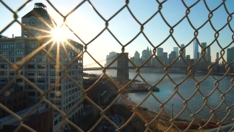 Brooklyn Bridge with Sun Flare Through Railing Stock Footage 145875845