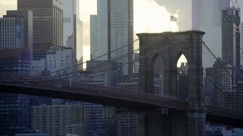 Brooklyn Bridge Sunset Close up - 4k Video stock 129064765