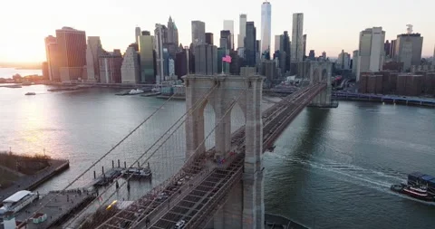 Brooklyn Bridge Sunset, Downtown Manhattan, Aerial, Cinematic, Drone, Skyline Stock Footage 267109080