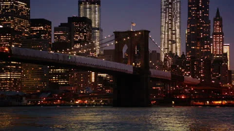 Brooklyn Bridge View at Night, New York Stock Footage 24411087