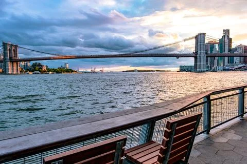 Brooklyn Bridge view from sidewalk Stock Photos