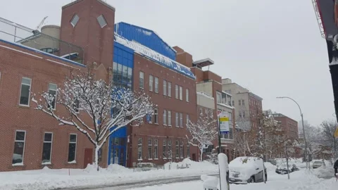Brooklyn Mixed-Use Street Under Deep Snow, Brick Buildings, Winter Blizzard Stock Footage 329888601