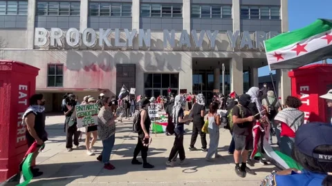 Brooklyn Navy Yard Protest of Easy Aerial and Crye Precision Stock Footage 313672157