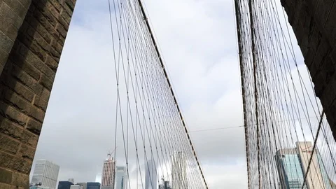 Brooklyn Suspension Bridge View to Lower Manhattan Stock Footage 126432238
