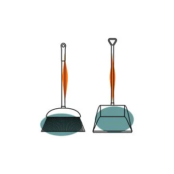 Broom and Dustpan Garbage Outline vector Illustration Stock Illustration