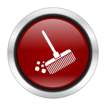 Broom icon, red round button isolated on white background, web design illustr Stock Illustration