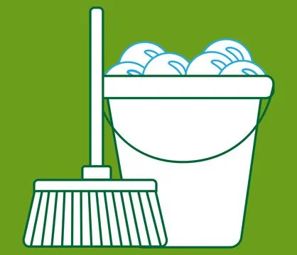 Broom sweeps dust, mop, plastic bucket and bubbles. Stock Illustration