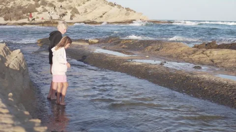 Brother and sister looking at the waves in the restless sea, happy children on Stock Footage 273399446